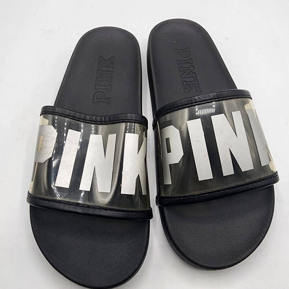 PINK Victoria's Secret Black Clear Strap Logo Slide Sandals Women's Size M (7/8)